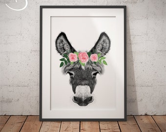 DONKEY FLOWER Crown, Donkey Art, Printable Art, Animal floral crown print, Farm Animal Printables, Donkey Prints, Donkey Flower Crown Print
