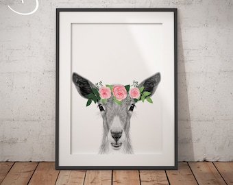 GOAT FLOWER CROWN, Goat Print, Printable Art, Animals floral crown print, Goat Printables, Animals Flower Crown, Goat Flower Crown Print