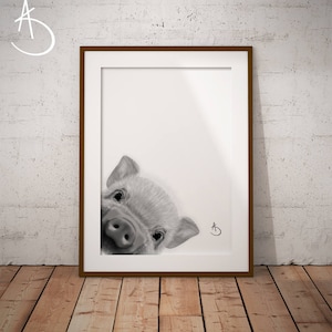 CUTE PEEKABOO PIG Drawing download, Pig Wall decor, Peekaboo Pig Print, Printable Pig Poster, Piglet Decor, Peekaboo Animals, Peekaboo Pig, image 1