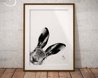 CUTE PEEKABOO HARE Drawing download, Hare decor, Peekaboo Hare, Printable Hare Poster, Nursery Decor, Peekaboo Animals, Woodland Animals