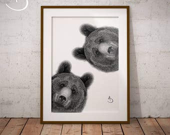 CURIOUS BEARS DRAWING download Print, Wall decor, Curious Bear Print, Printable Bear Poster, Digital, Printable Decor, Instant Download,