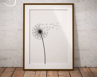 DANDELION PRINT, Printables, Instand Download, Minimalist Dandelion, Black White, Dandelion decor, Floral, Dandelions, Dandelion Art Print