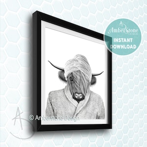 Highland Cow in Bathrobe, Highland Cow Printable, Highland Cow Print, Highland Cow Bathroom, Whimsy Animal, Toilet poster, Kids Bathroom Art