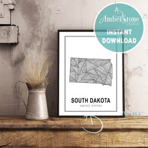 SOUTH DAKOTA ART Print, Instant Download, South Dakota Print, South Dakota State Print, Printables, Black and White Print, South Dakota Art