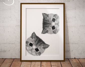 KITTENS PRINT, Cute Curious Kittens Drawing download, Kitten decor, Curious Kittens Print, Printable Kittens Art, Kittens Decor, Kittens Art