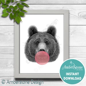 BUBBLE GUM BEAR Pink Drawing download, Woodland Animal Decor, Cute Bear Print, Printable Bear , Bear Decor, Nursery Animals, Bubble Gum Bear