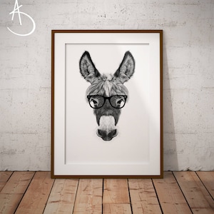 HIPSTER Donkey Drawing download, Donkey decor, Hipster Donkey, Printable Donkey Poster, Printable Decor, Hipster Animals, DONKEY PRINT