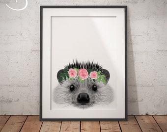 HEDGEHOG FLOWER Crown, Printable Art, Animals floral crown print, Hedgehog Printables, Animals Flower Crown, Hedgehog Flower Crown Print