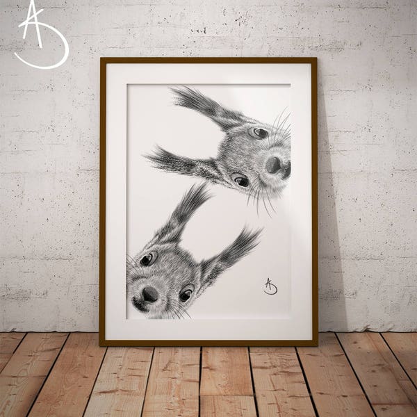 CUTE CURIOUS SQUIRREL Drawing download, Wall decor, Curious Squirrel Print, Printable Squirrel Poster, Squirrel Decor, Curious Animals, Art