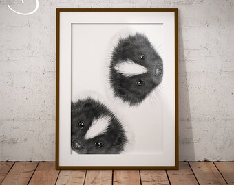 SKUNK ART PRINT, Cute Curious Skunk Drawing download, Skunk decor, Curious Skunks Print, Printable Skunk Art, Skunk Wall Decor, Skunk Art