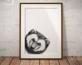 WOLVERINE PRINT, Printable Poster, Woodland Printables, Nursery Decor, Black White Wolverine Art, Peekaboo Creatures, Nursery Printables