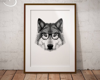 HIPSTER WOLF Drawing download, Wolf decor, Hipster Wolf, Printable Wolf Poster, Printable Decor, Hipster Animals, Wolf Wall Art, Wolf Print