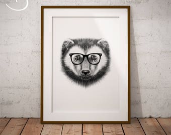 HIPSTER WOLVERINE Drawing download, Wolverine decor, Hipster Wolverine, Print, Printable Wolverine Poster, Printable Decor, Hipster Animal