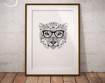 HIPSTER SNOW LEOPARD download, Animal decor, Hipster Snow Leopard, Printable Snow Leopard, Printable Decor, Hipster Animal, Snow Leopard Art