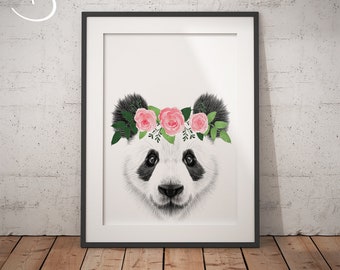 PANDA FLOWER CROWN, Panda Print, Printable Art, Animals floral crown print, Panda Printables, Animals Flower Crown, Panda Flower Crown Print