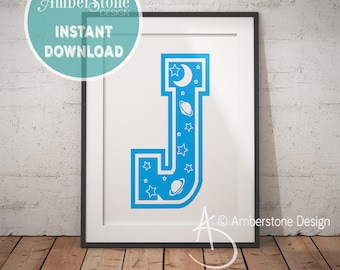 Blue Letter J, LETTER J Print, Letter J, Blue Nursery, Boys Letter J, Baby Boy Print, Gift for Baby Boy, Baby Shower, Blue Letter Monogram