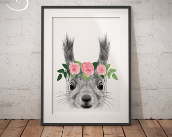 SQUIRREL FLOWER CROWN, Printable Art, Animals floral crown print, Squirrel Printables, Animals Flower Crown, Squirrel Flower Crown Print