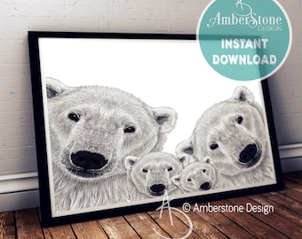 Polar Bear Print, Family of Polar Bear, Polar Bear Print, Polar Bear Decor, Polar Bear, Instant Download, Polar Bear Prints, Polar Bear Art