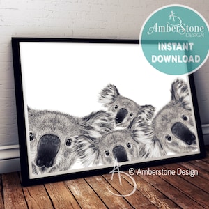 Koala Family Portrait Print: Black and White Nursery Decor (Instant Download)