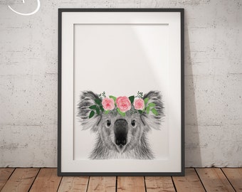 KOALA FLOWER CROWN, Koala Print, Printable Art, Animals floral crown print, Koala Printables, Animals Flower Crown, Koala Flower Crown Print