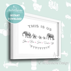 Personalized Elephant Family Print, Custom Family Portrait, New Baby Gift, Nursery Wall Art, Digital Download Printable, Elephant Family