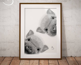 CUTE CURIOUS PIG Drawing download, Pig Wall decor, Curious Pig Print, Printable Pig Poster, Pig Decor, Curious Animals, Pig Art, Pig Print