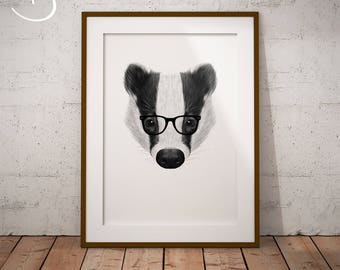 CUTE HIPSTER BADGER Drawing download, Wall decor, Hipster Badger Print, Printable Badger Poster, Badger Decor, Hipster Animal Print, Badger