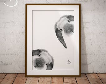 CUTE CURIOUS RABBIT Drawing download, Rabbit decor, Curious Rabbit Print, Pdf, Woodland Animals, Nursery Printable Art, Nursery Decor, Bunny