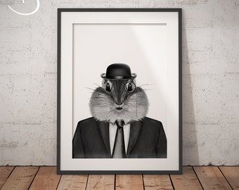 CHIPMUNK IN SUIT Art Print, Chipmunk Printables, Printable Art, Chipmunk, Animals in suits, Black and White Art,  Chipmunk in Suit Prints