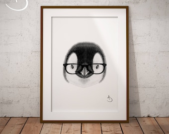 CUTE HIPSTER PENGUIN Drawing download, Penguin decor, Hipster Penguin Print, Printable Penguin Poster, Printable Decor, Hipster Animal Print