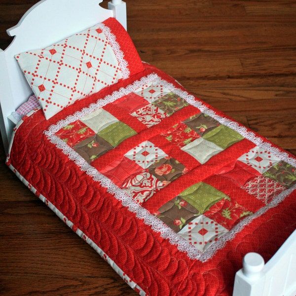 Handmade Patchwork Doll Quilt and Pillow for 18" Doll like an American Girl Doll, Red White Lace Trim Blanket, Throw, Small Baby Quilt