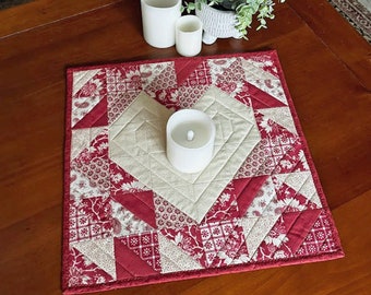 Heart Quilted Table Topper, Valentines Day Mini Quilt or Wall Hanging, 16 x 16 inches