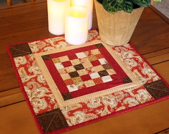 Quilted Table Topper, Pieced Tiny Squares in Scraps of Red, Beige, Brown, dresser scarf, wall hanging, pieced table runner