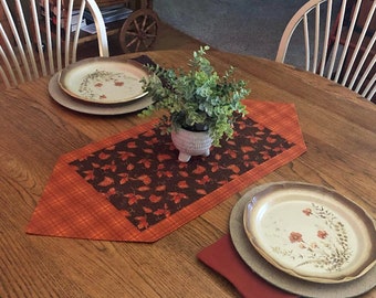 Quilted Table Runner Autumn Colors with Leaves 14x34 inches in brown & pumpkin orange