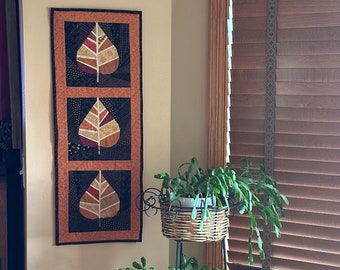 Modern Paper Pieced Leaf Wall Hanging or Table Runner, 12.5 x 33 inches, Art Quilt, One of a Kind Autumn Quilted Wall Hanging