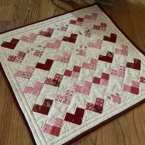 Heart Quilted Table Topper, Valentines Day Mini Quilt or Wall Hanging, 20 x 20 inches
