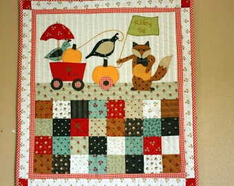 Quilted Wall Hanging, Baby Quilt, Handmade Quilt or Wallhanging, Pieced with Applique Quail, Pumpkins, Wagon, Fox, Pumpkin Parade, Nursery