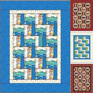 May include: A blue and white quilt with a patchwork design. The quilt is made up of different squares of fabric, each with a different pattern. The quilt is surrounded by a blue border.