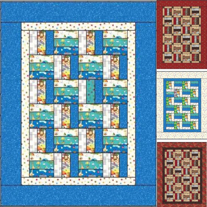 May include: A blue and white quilt with a patchwork design. The quilt is made up of different squares of fabric, each with a different pattern. The quilt is surrounded by a blue border.