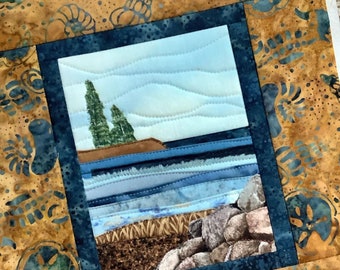 Art Quilt, Fiber Art, Original Rocky Coast Art Wall Hanging, Small Landscape Quilt, 9x11.5 inches, OOAK