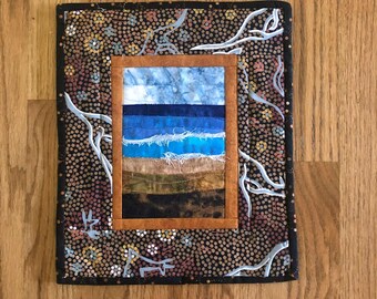 Art Quilt, Fiber Art, Abstract Seascape Wall Hanging, Small Landscape Quilt, 10x12 inches, Textiles Australia Fabric, OOAK