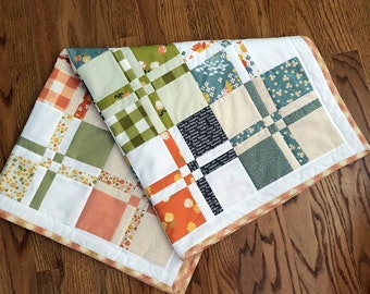 Handmade Baby Quilt, Disappearing 4 Patch Stroller Blanket, Tummy Time, Baby Shower Gift, OOAK Unique Keepsake, Peach, Green, Yellow, White