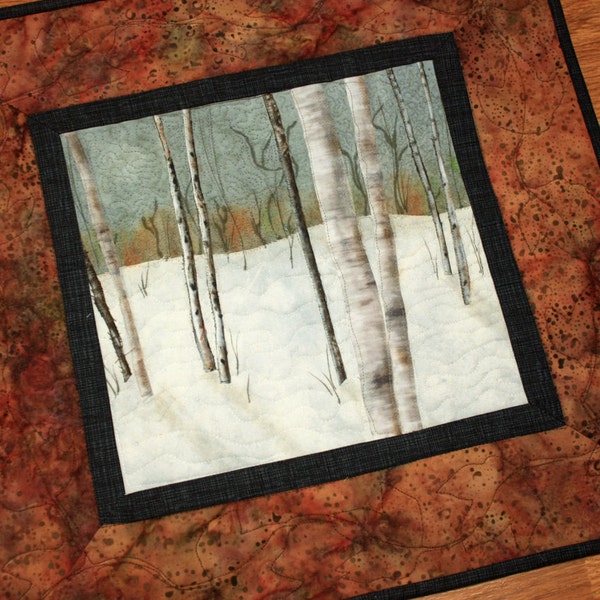 Fiber Art Quilt Wall Hanging "Birch Trees in Winter" a landscape quilt with applique and painting