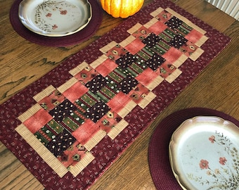 Quilted Table Runner, Autumn, Fall Colors, Rust, Pumpkin, Gold, Brown, 14 x 35 inches