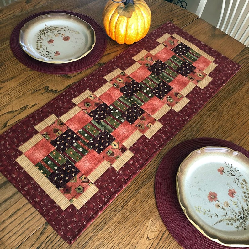 Quilted Table Runner, Autumn, Fall Colors, Rust, Pumpkin, Gold, Brown, 14 x 35 inches image 1