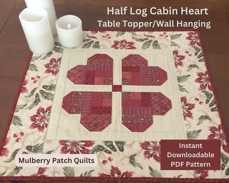 PDF Pattern for the Half Log Cabin Heart Quilted Wall Hanging/Table Topper & bonus Mug Rug DOWNLOADABLE PDF image 1