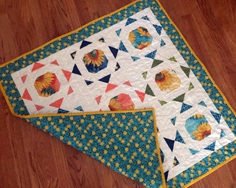 Baby Quilt, Modern Patchwork for Tummy Time, Baby Shower Gift, OOAK Unique Keepsake, Turquoise Blue, White, Orange, Yellow, Green,, 36x36"