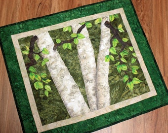 Landscape Quilt, Birch Trees Quilted Fiber Art, Woodland Scene, Leaves, Handmade Original Fabric Wall Art, 23 by 26 inches