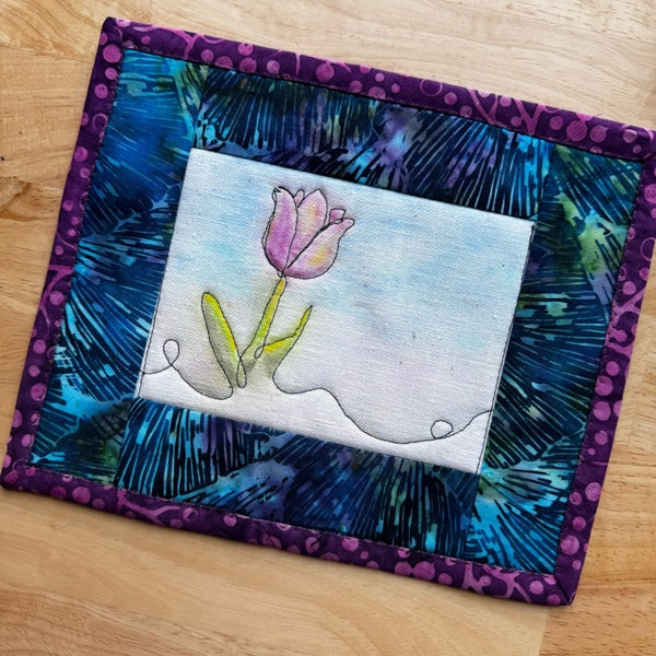 Hand Painted Tulip Art Mini Quilt, Quilted Fiber Art Wall Hanging, 7 x 8 inches