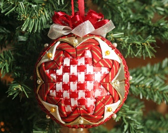 Quilted Christmas Ornament with Gift Box, Ribbon Woven Center, Folded Fabric Handmade Holiday Ornament Gold Silver Red White